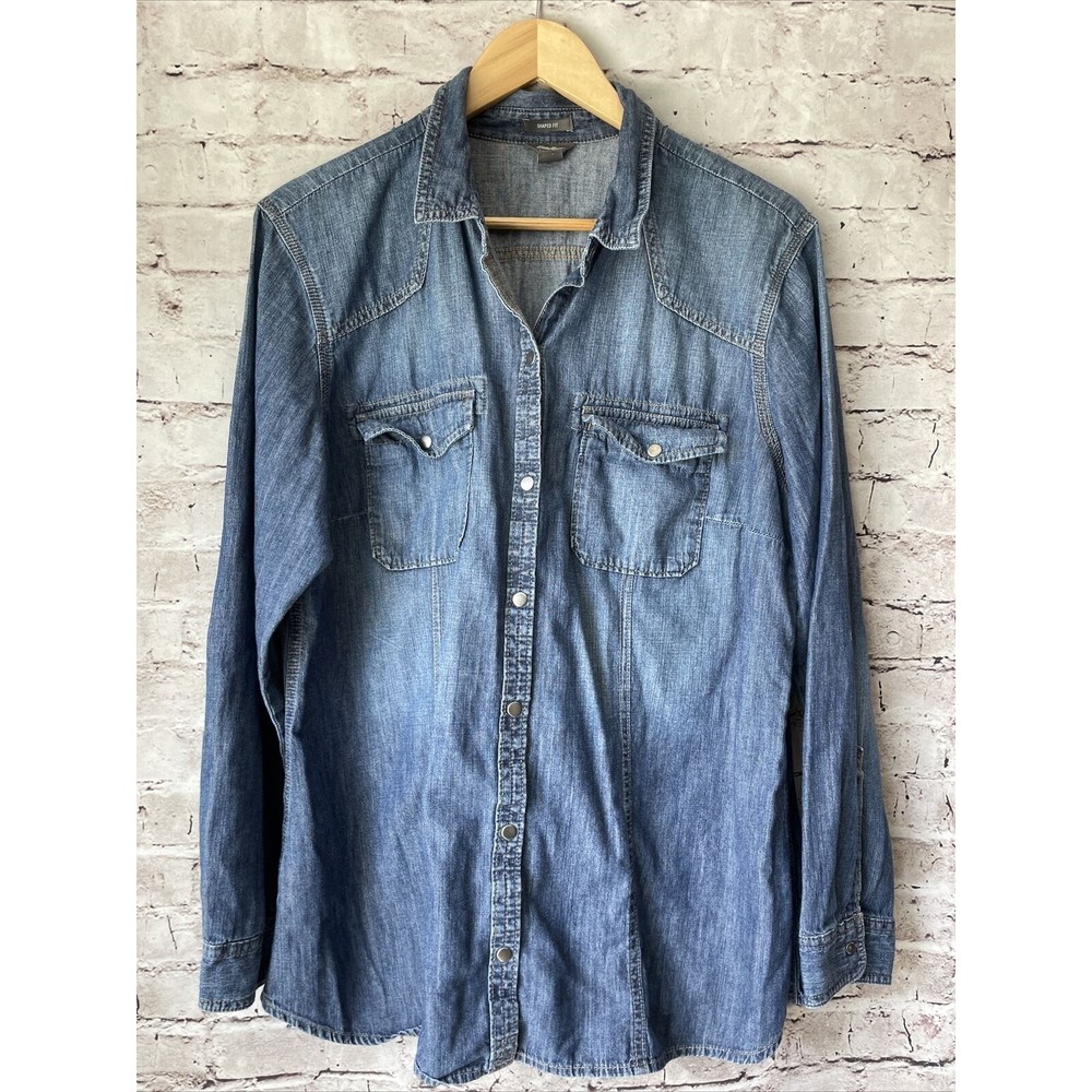 Eddie Bauer Womens Denim Jean Western Style Snap Shirt Size 2XL